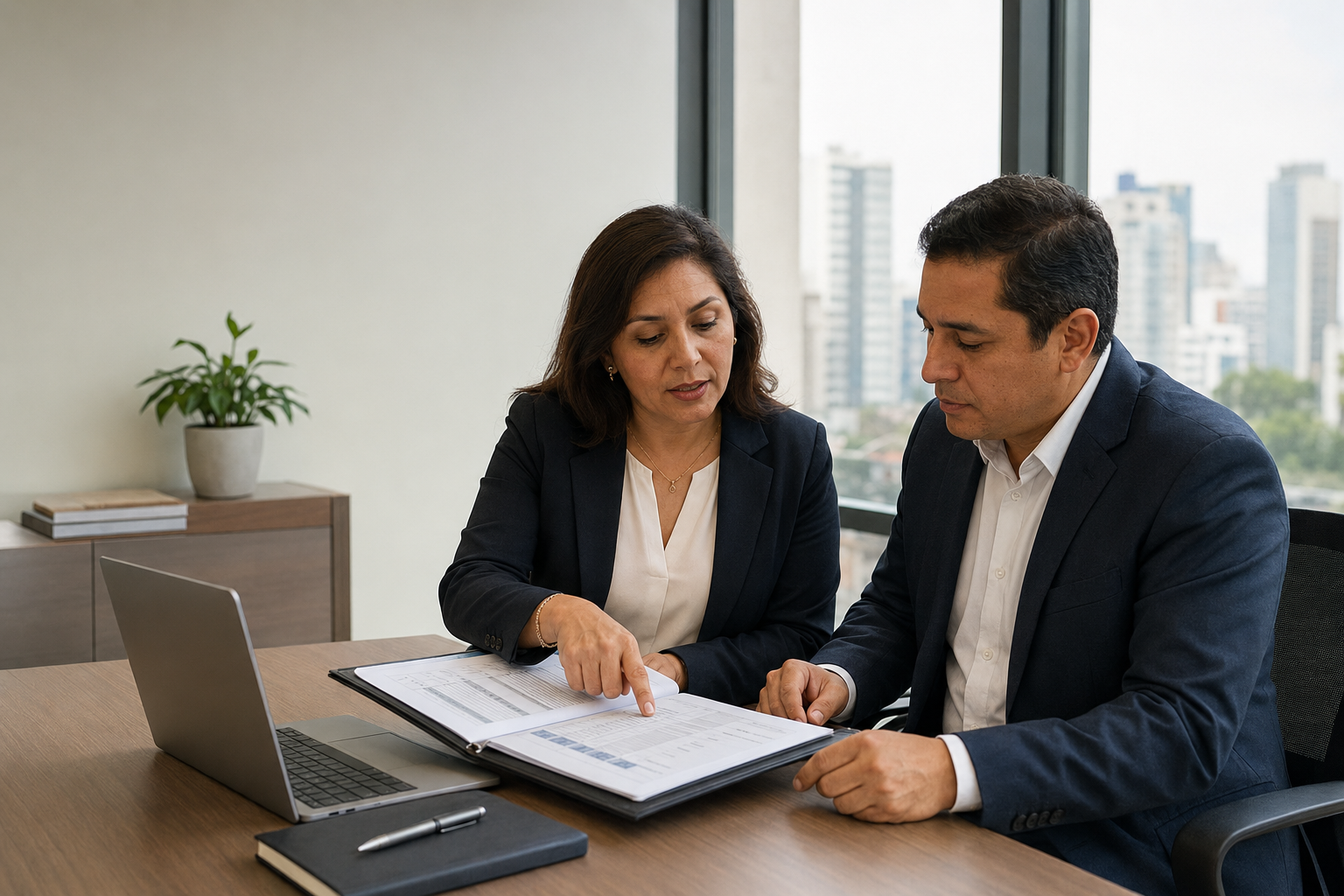 Auditora peruana revisando documentación de un sistema de gestión con un cliente